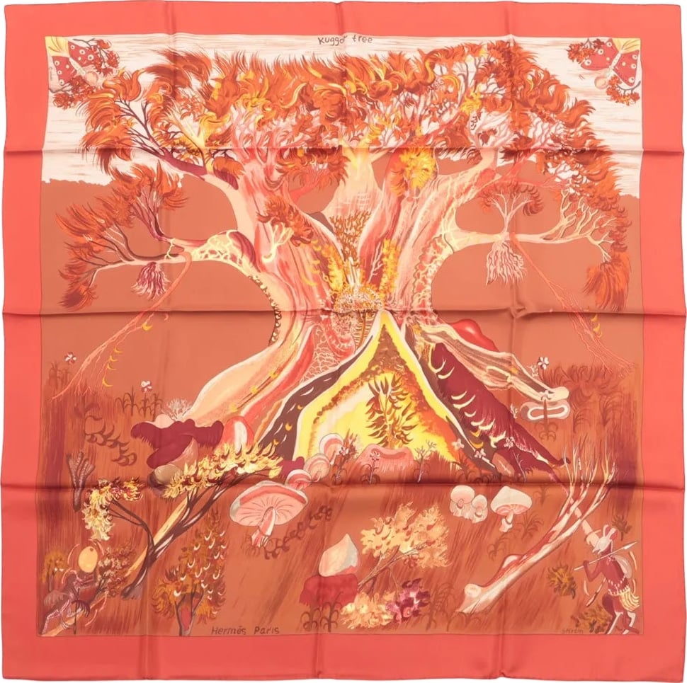 Hermès Carré 90 "Kuggor Tree" Scarf Silk in Red