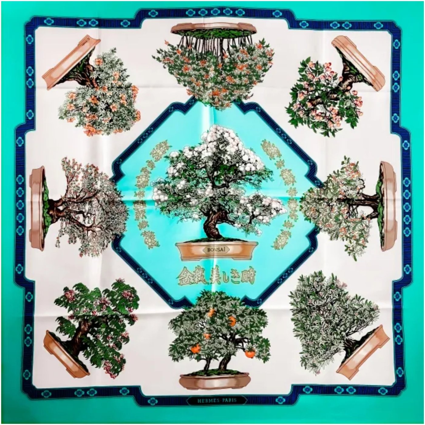 Hermès Carré 90 "BONSAI" Plissé Scarf Silk in Blue