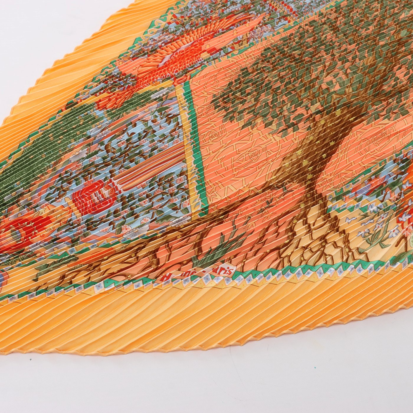 Hermès Carre 90 "Axis Mundi" Plissé Scarf Silk in Orange