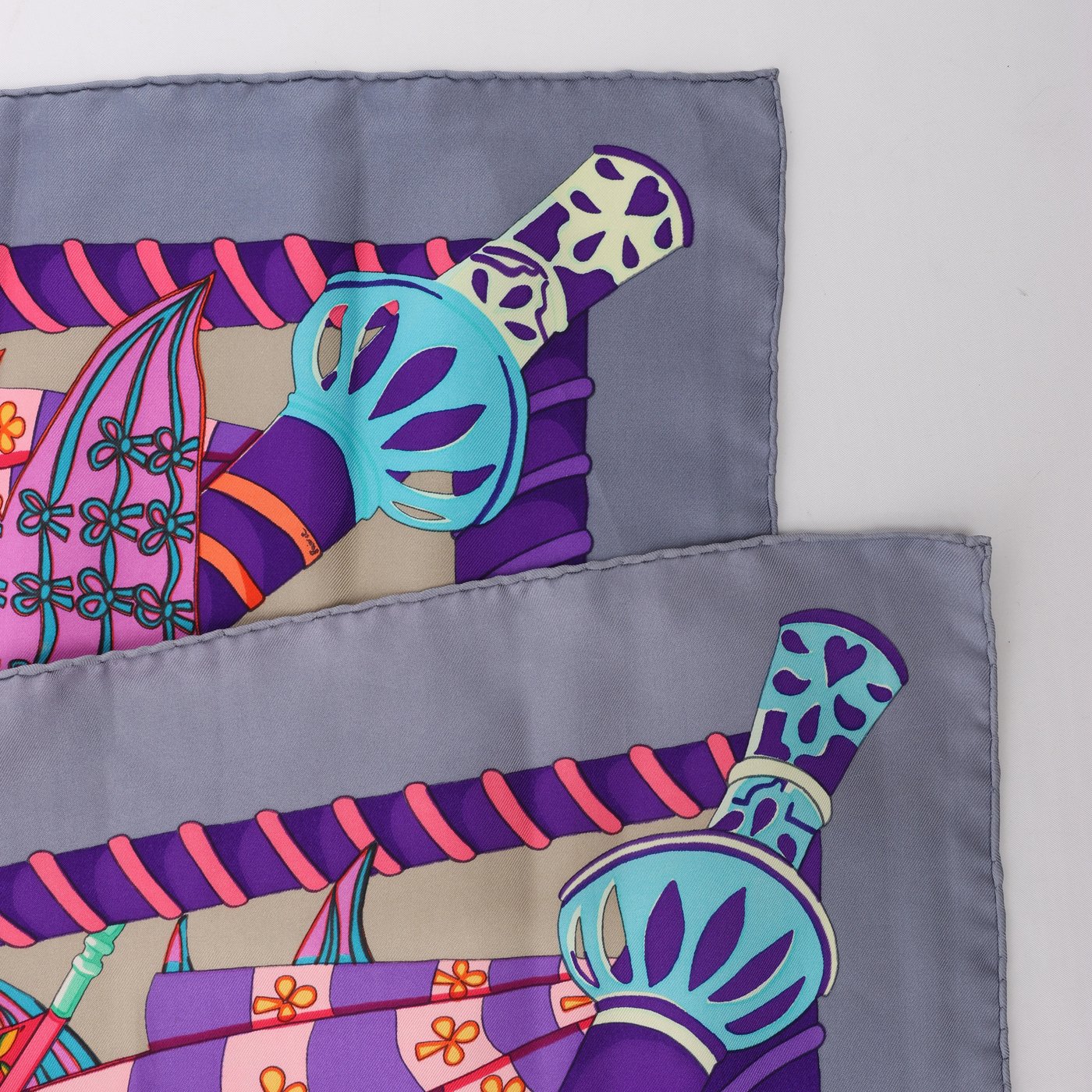 Hermès Carré 90 "Etendards et Bonnieres" Scarf Silk in Grey x Purple