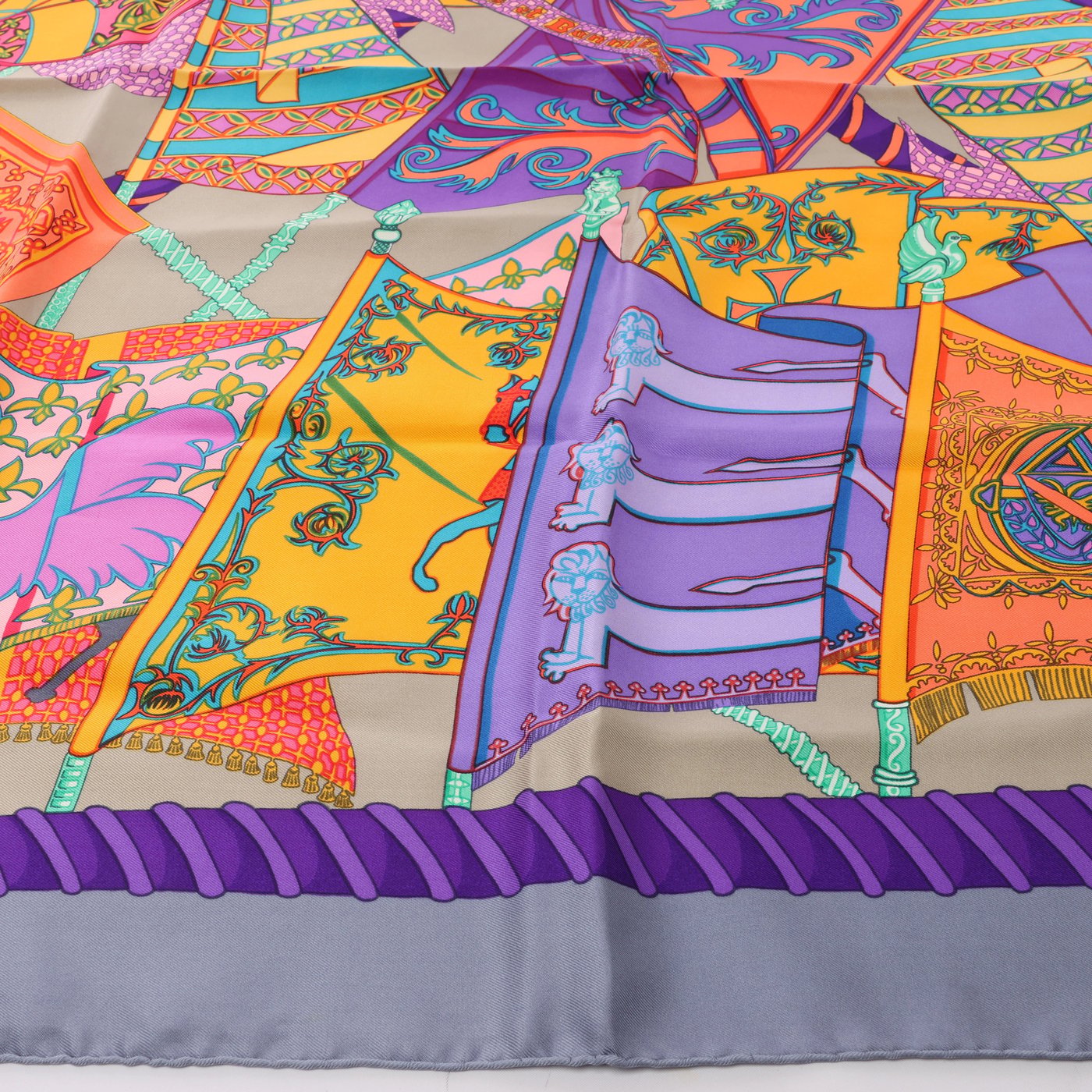 Hermès Carré 90 "Etendards et Bonnieres" Scarf Silk in Grey x Purple