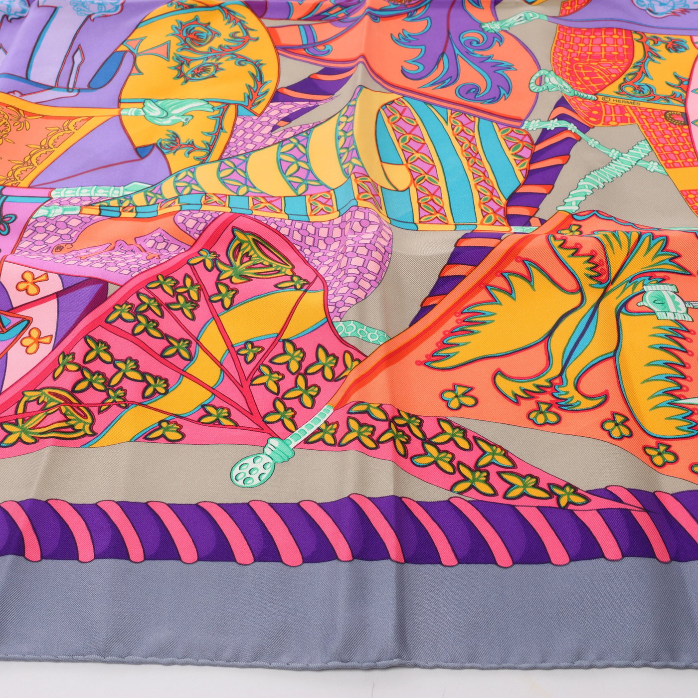 Hermès Carré 90 "Etendards et Bonnieres" Scarf Silk in Grey x Purple