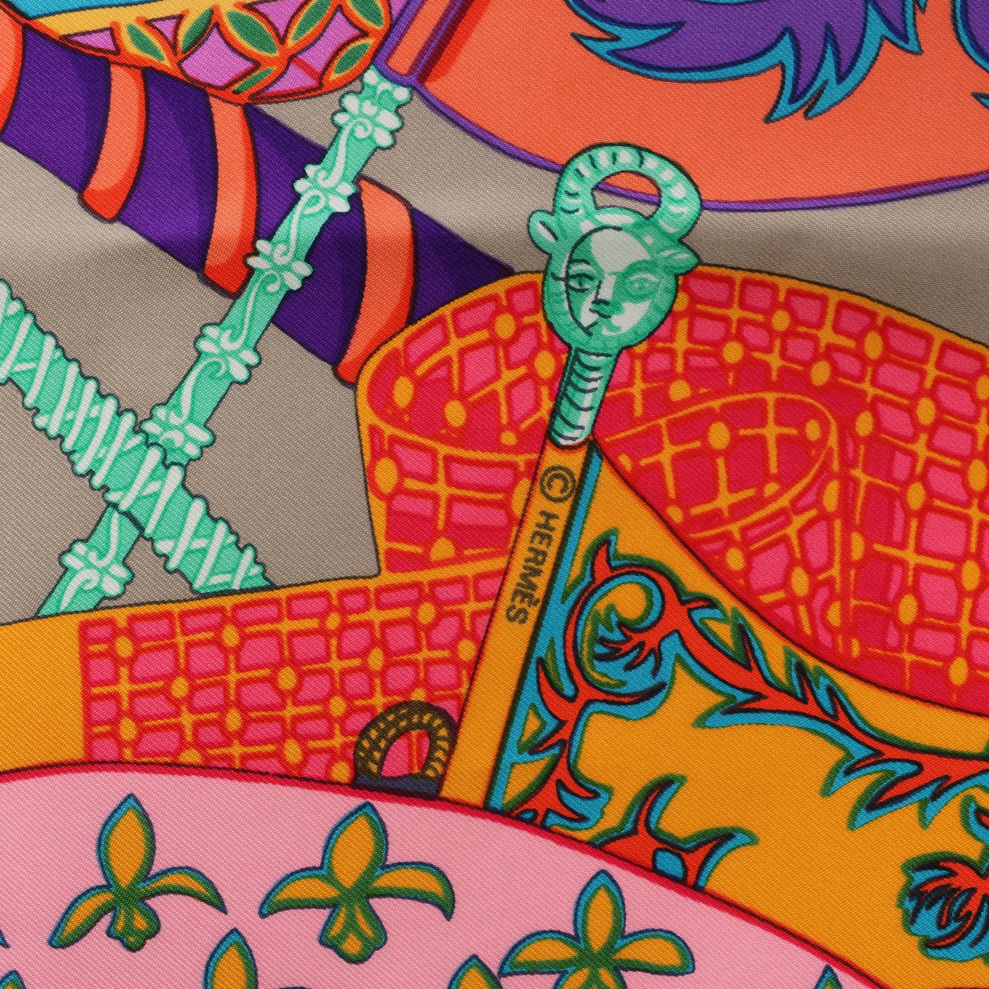 Hermès Carré 90 "Etendards et Bonnieres" Scarf Silk in Grey x Purple
