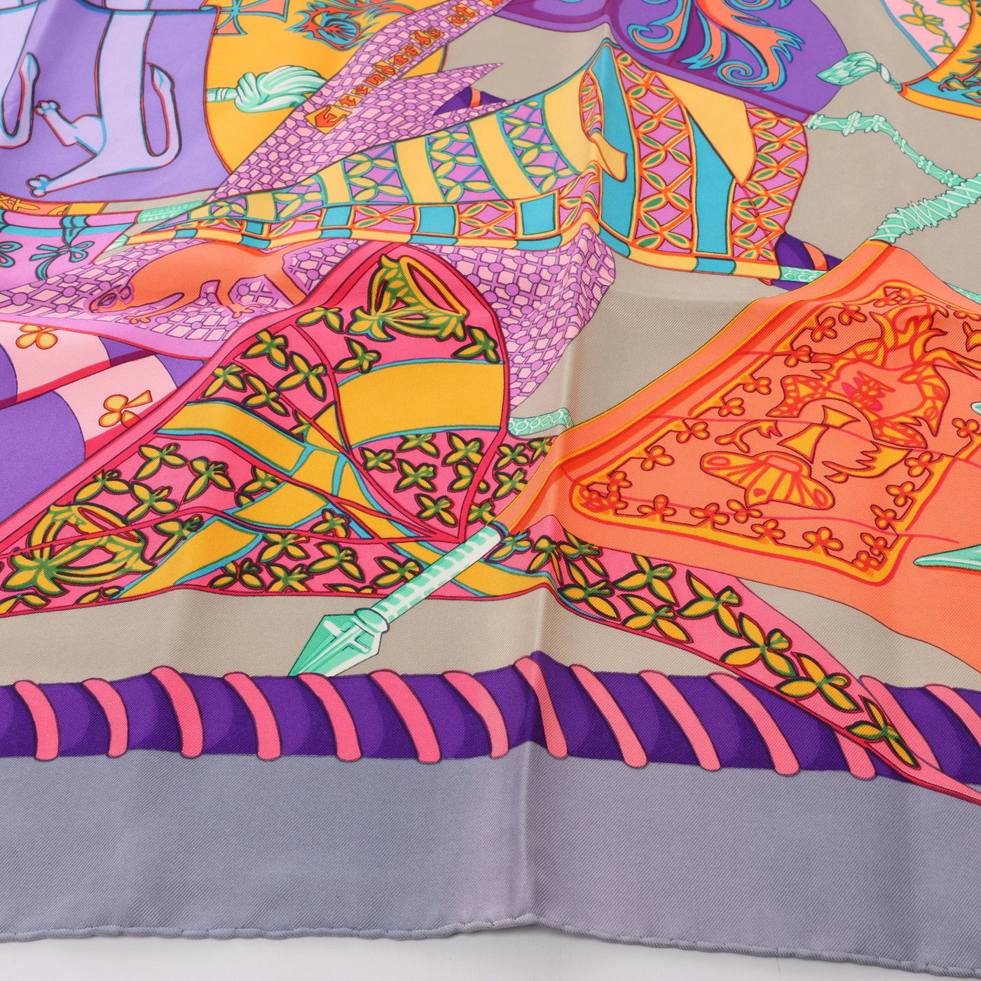 Hermès Carré 90 "Etendards et Bonnieres" Scarf Silk in Grey x Purple