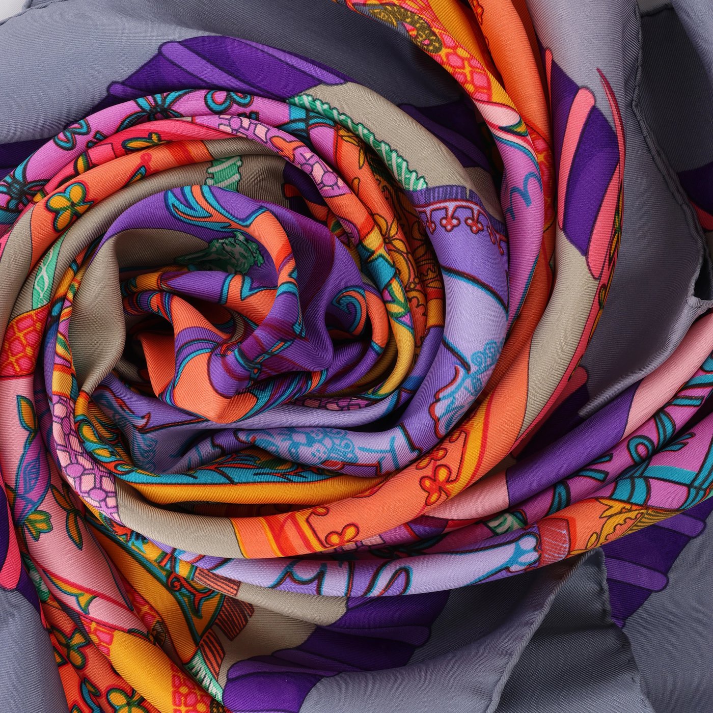 Hermès Carré 90 "Etendards et Bonnieres" Scarf Silk in Grey x Purple