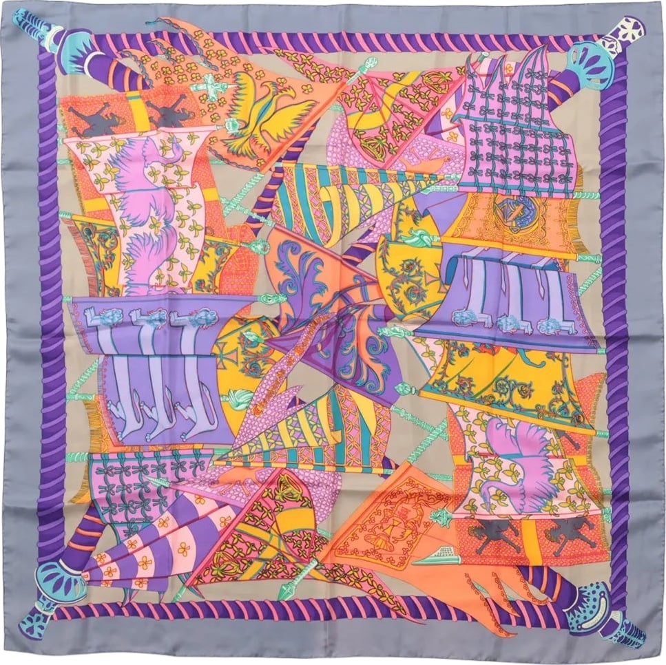 Hermès Carré 90 "Etendards et Bonnieres" Scarf Silk in Grey x Purple