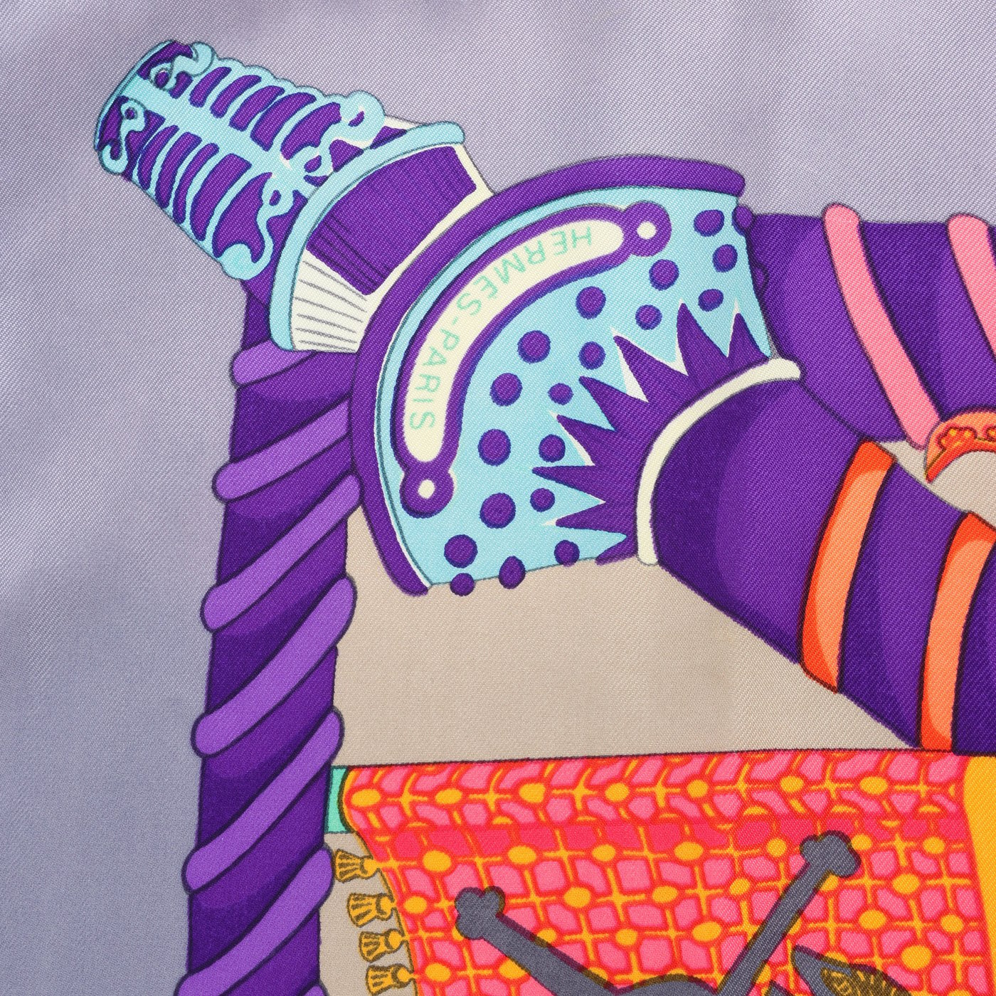 Hermès Carré 90 "Etendards et Bonnieres" Scarf Silk in Grey x Purple