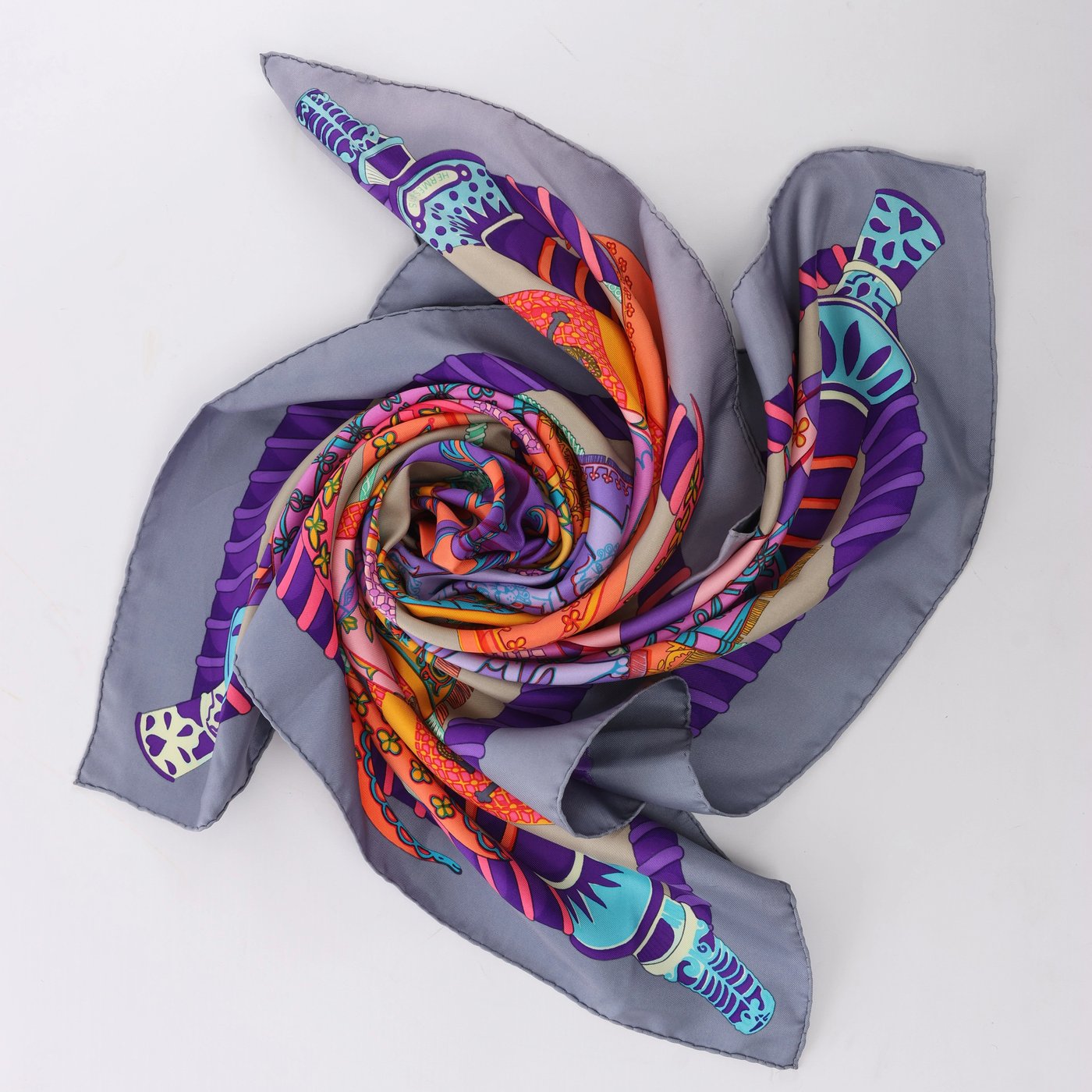 Hermès Carré 90 "Etendards et Bonnieres" Scarf Silk in Grey x Purple