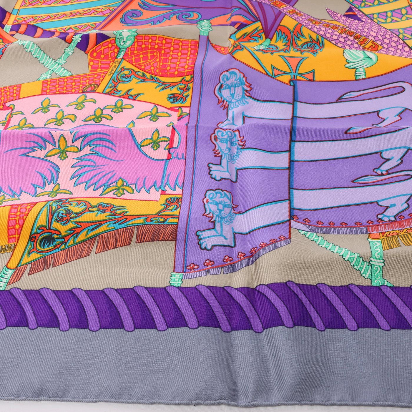 Hermès Carré 90 "Etendards et Bonnieres" Scarf Silk in Grey x Purple