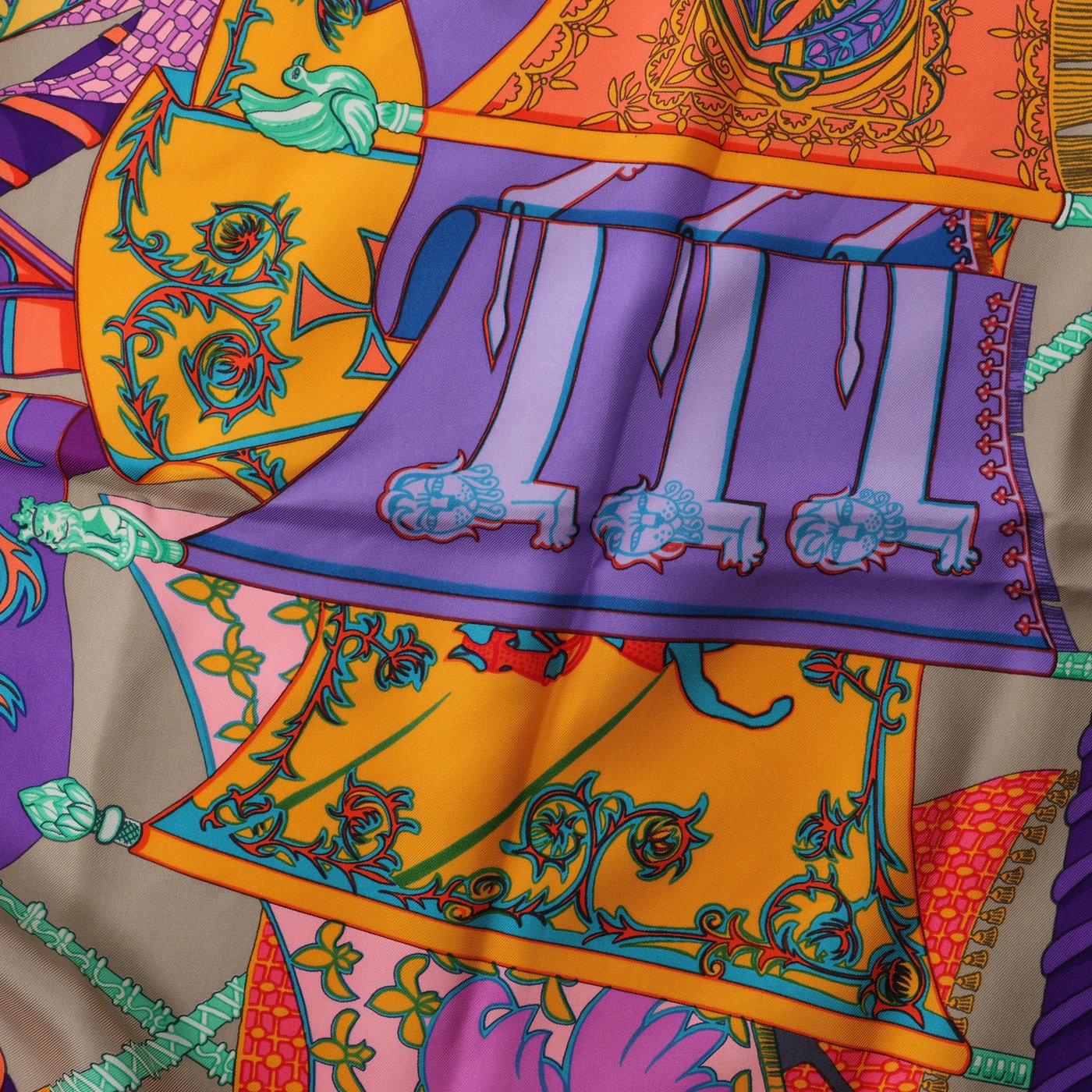 Hermès Carré 90 "Etendards et Bonnieres" Scarf Silk in Grey x Purple