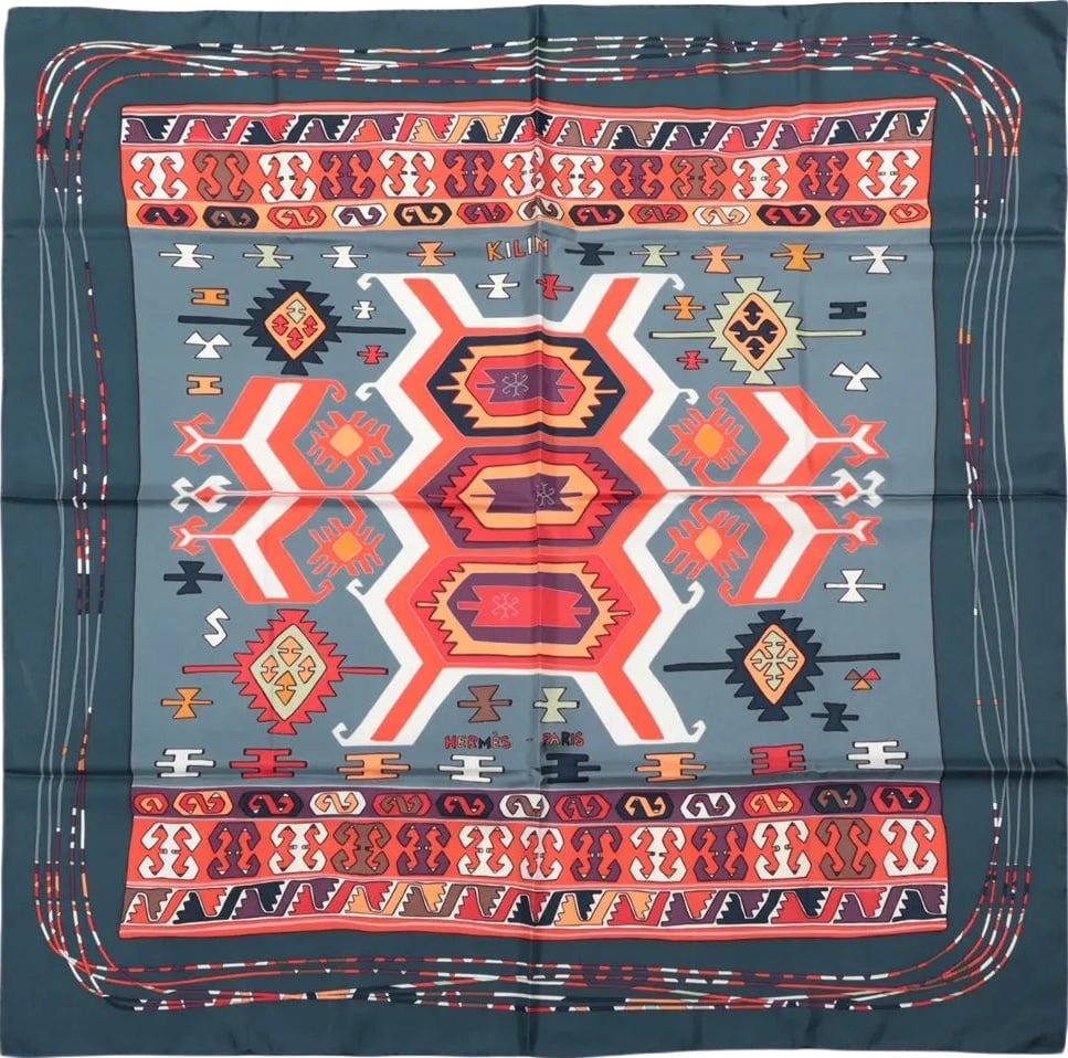 Hermès Carré 90 "KILIM" Silk handkerchief in Gray x Red