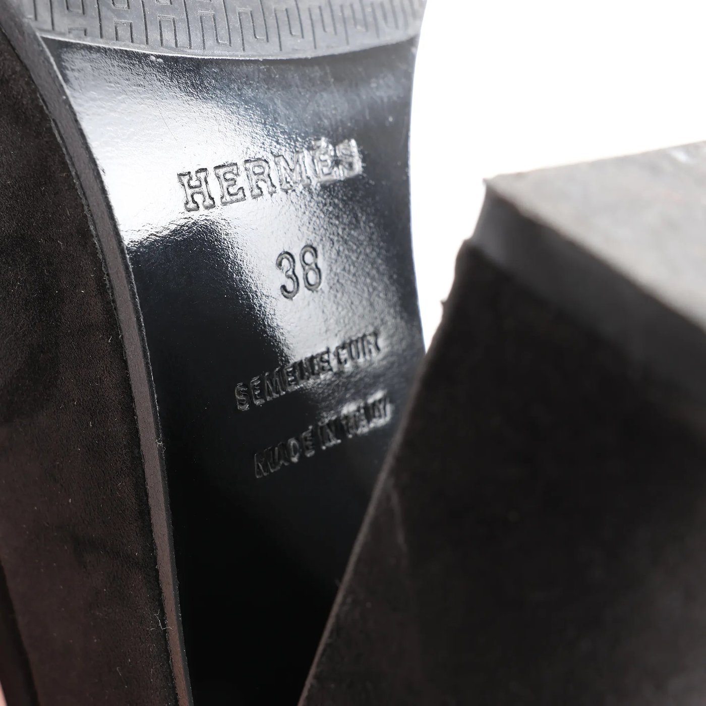 HERMES Leather & Suede Strap Heels in Black, Size 38 EU
