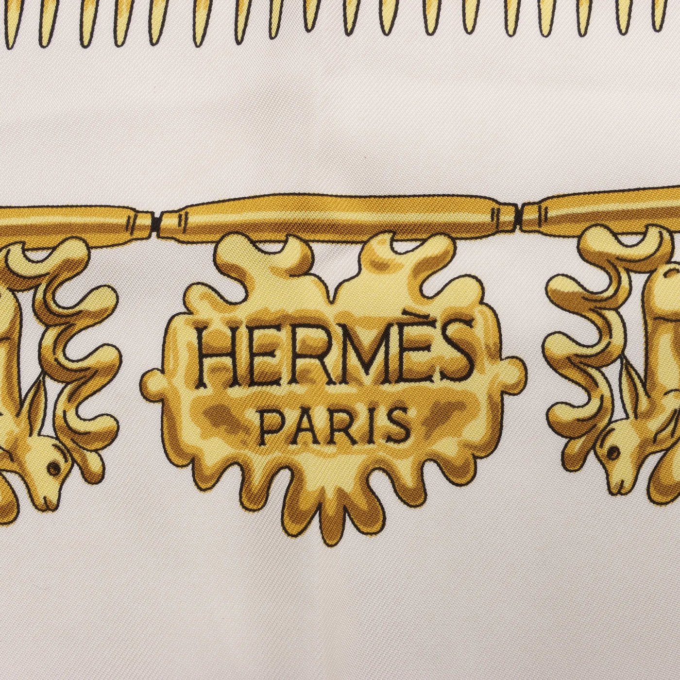 Hermès Carré 90 "LES CAVALIERS D'OR" Silk handkerchief in White