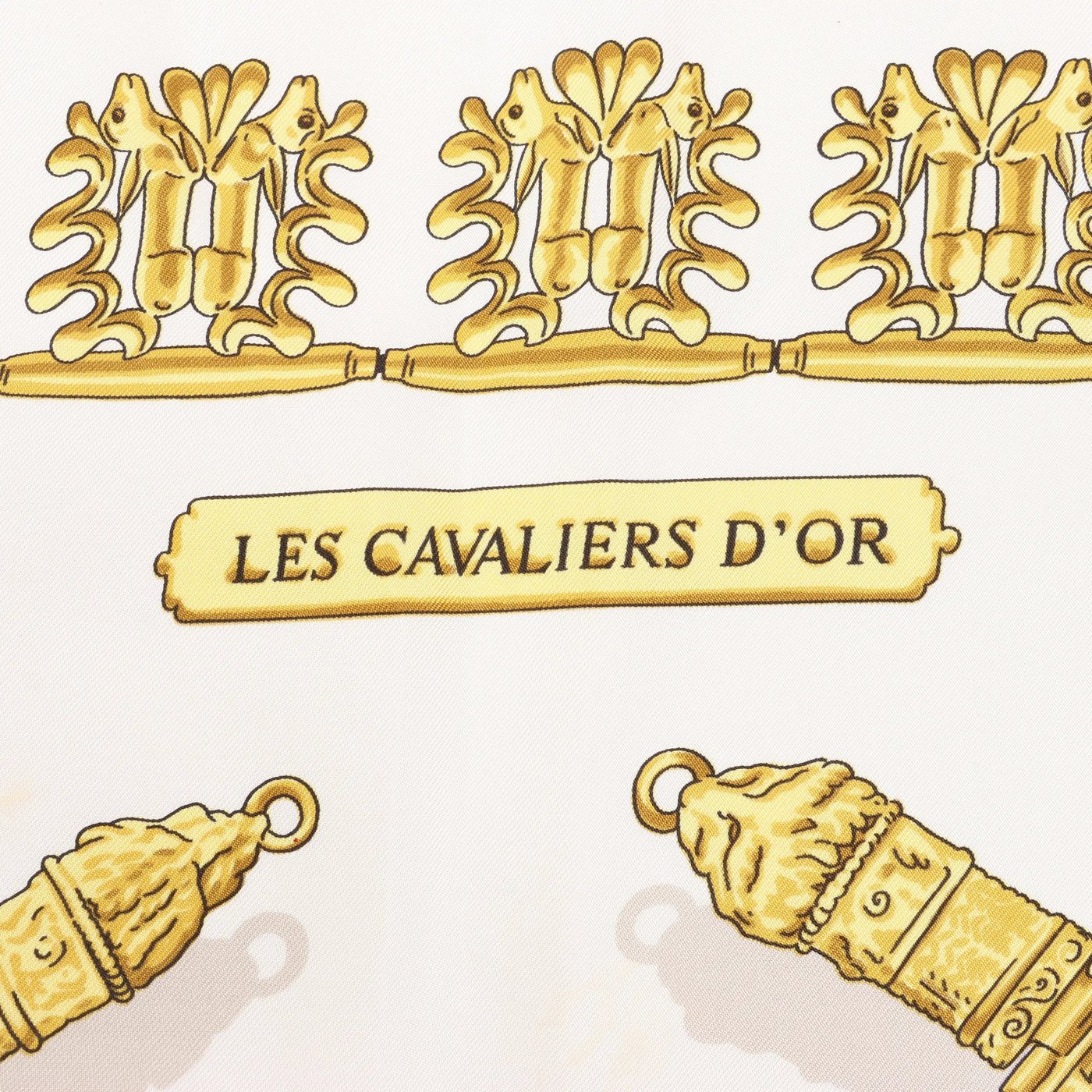 Hermès Carré 90 "LES CAVALIERS D'OR" Silk handkerchief in White