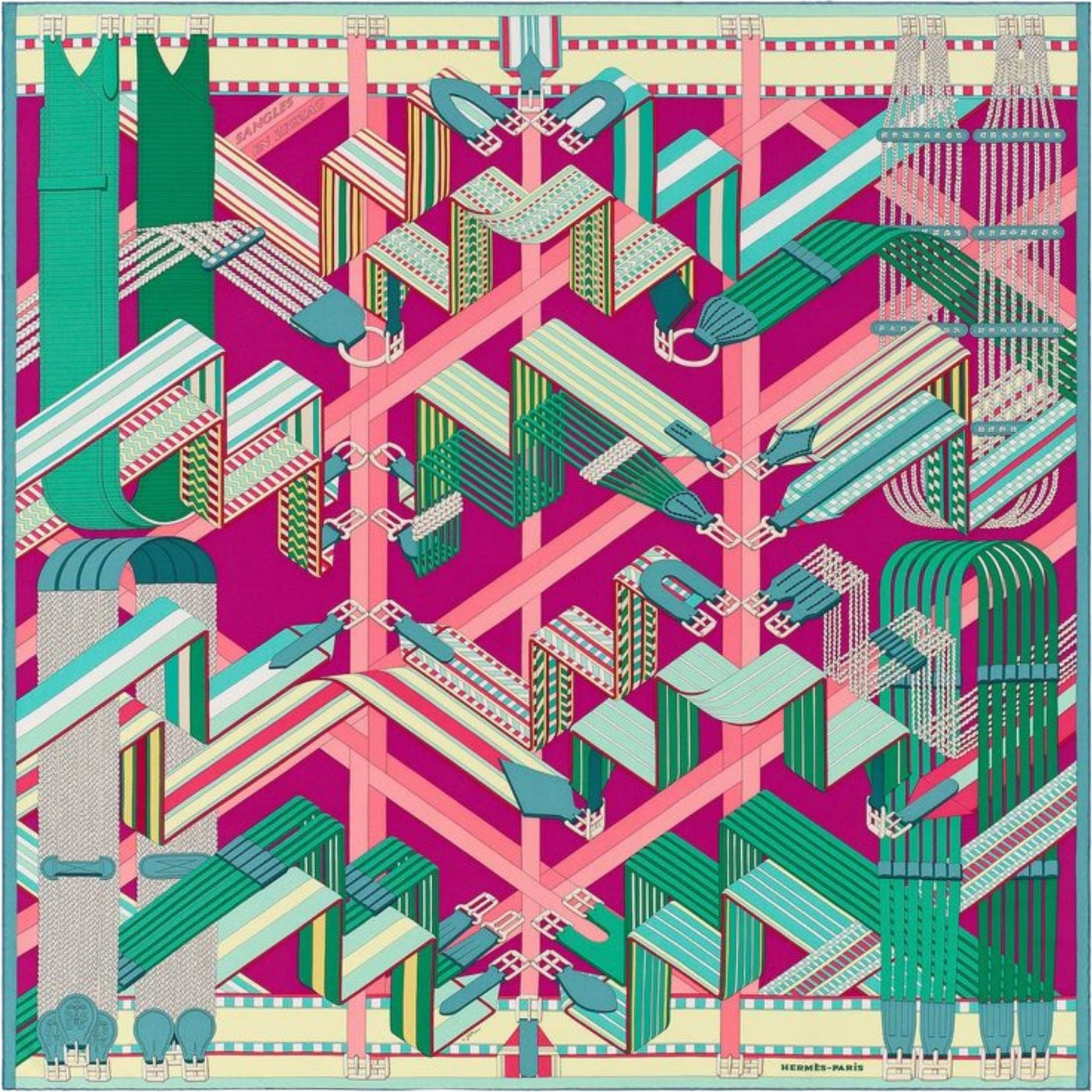 Hermès Carré Geant "SANGLES EN ZIGZAG" Cashmere and Silk Scarf in Green x Purple