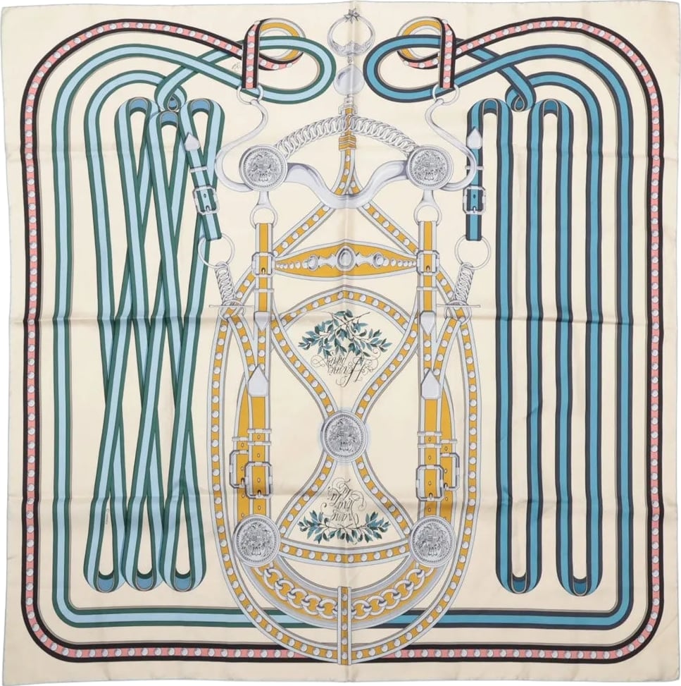 Hermès Carré 90 "Grand Tralala" Silk handkerchief in Beige x Blue