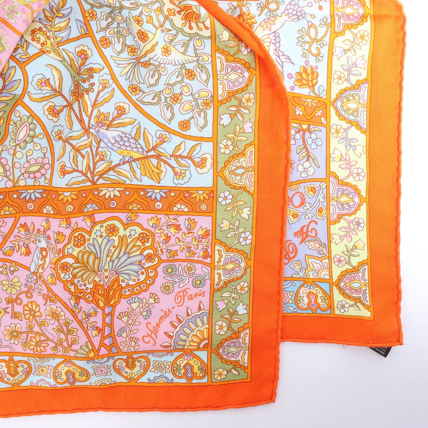 Hermès Carré Géant "Au Pays des Oiseaux Fleurs" Silk handkerchief in Orange