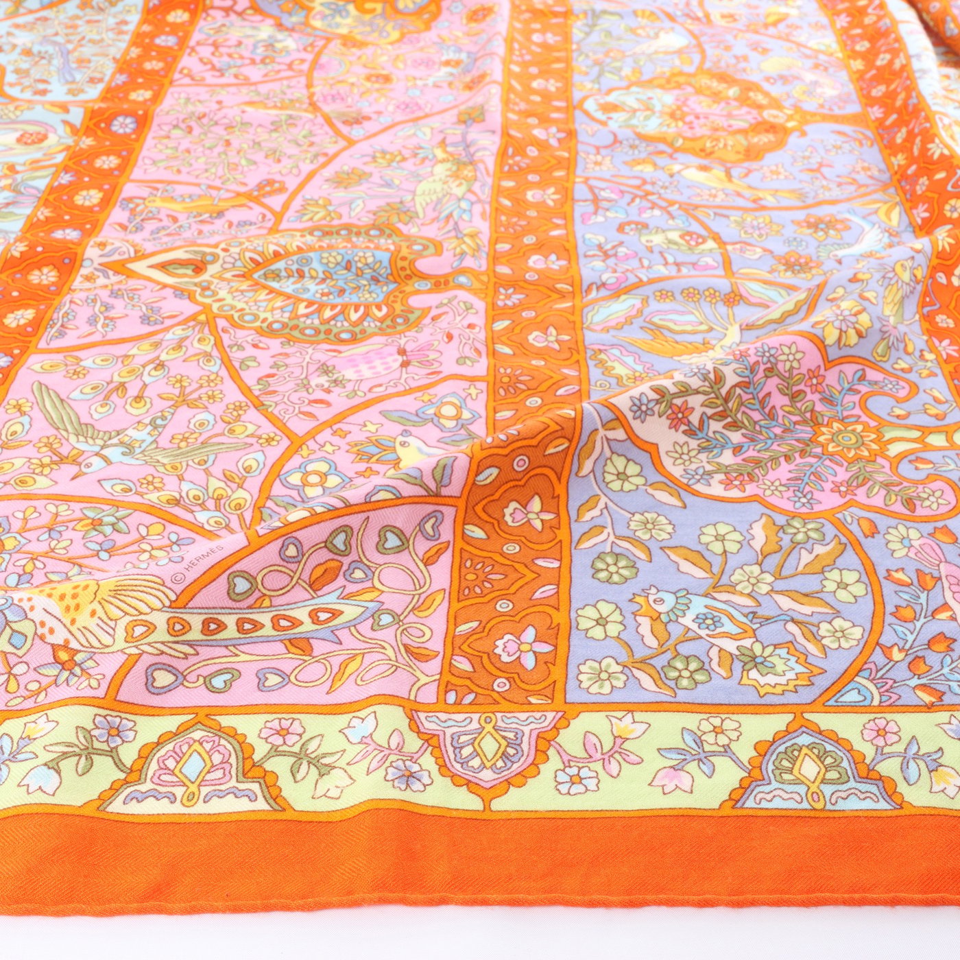 Hermès Carré Géant "Au Pays des Oiseaux Fleurs" Silk handkerchief in Orange