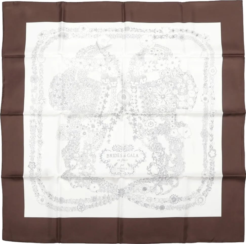 Hermès Carré 90 "Brides de Gala en Fleurs" Silk handkerchief in Brown