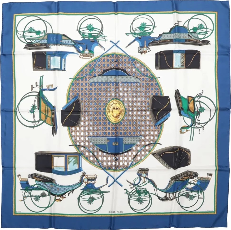 Hermès Carré 90 "LES VOITURES A TRANSFORMATION" Silk handkerchief in Blue