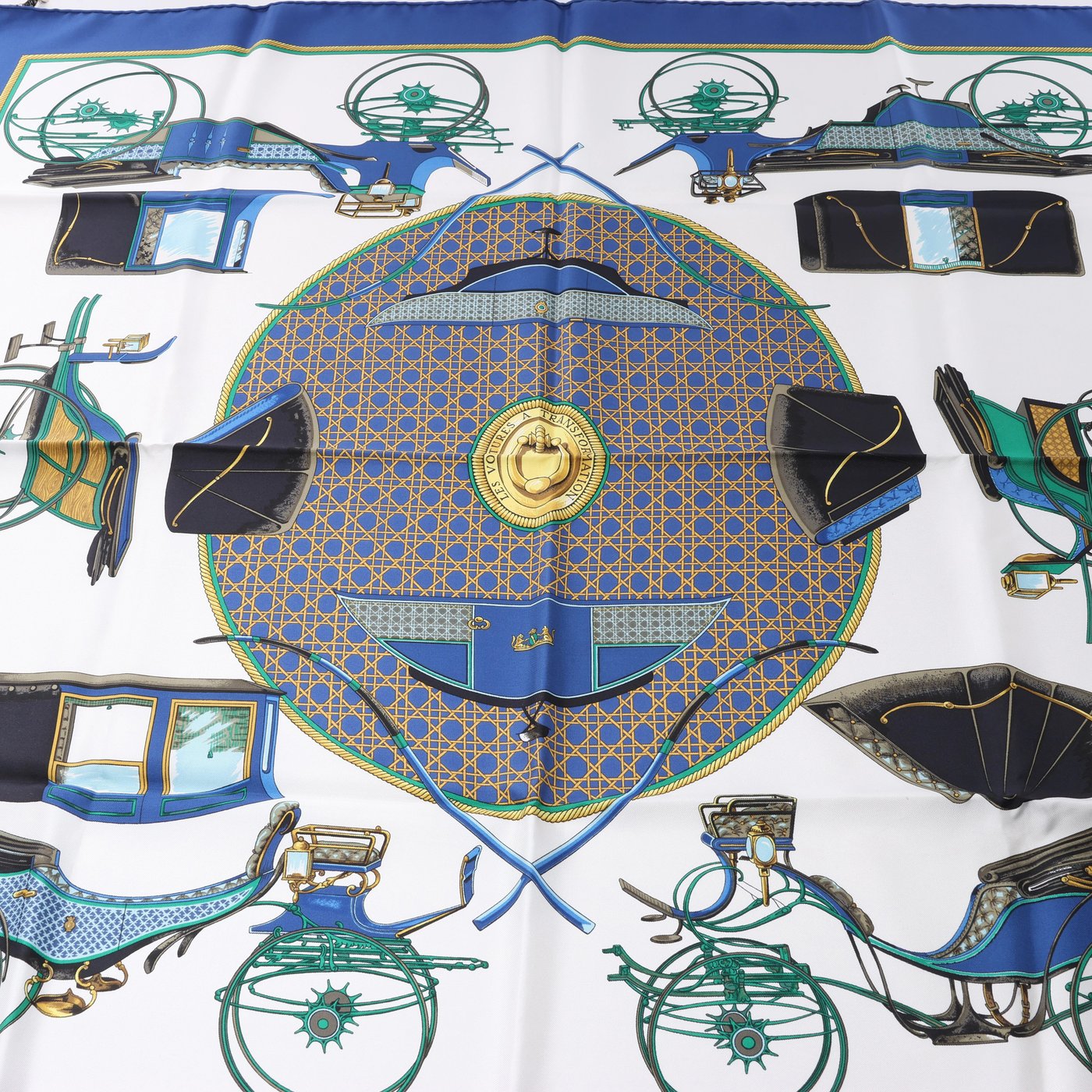 Hermès Carré 90 "LES VOITURES A TRANSFORMATION" Silk handkerchief in Blue
