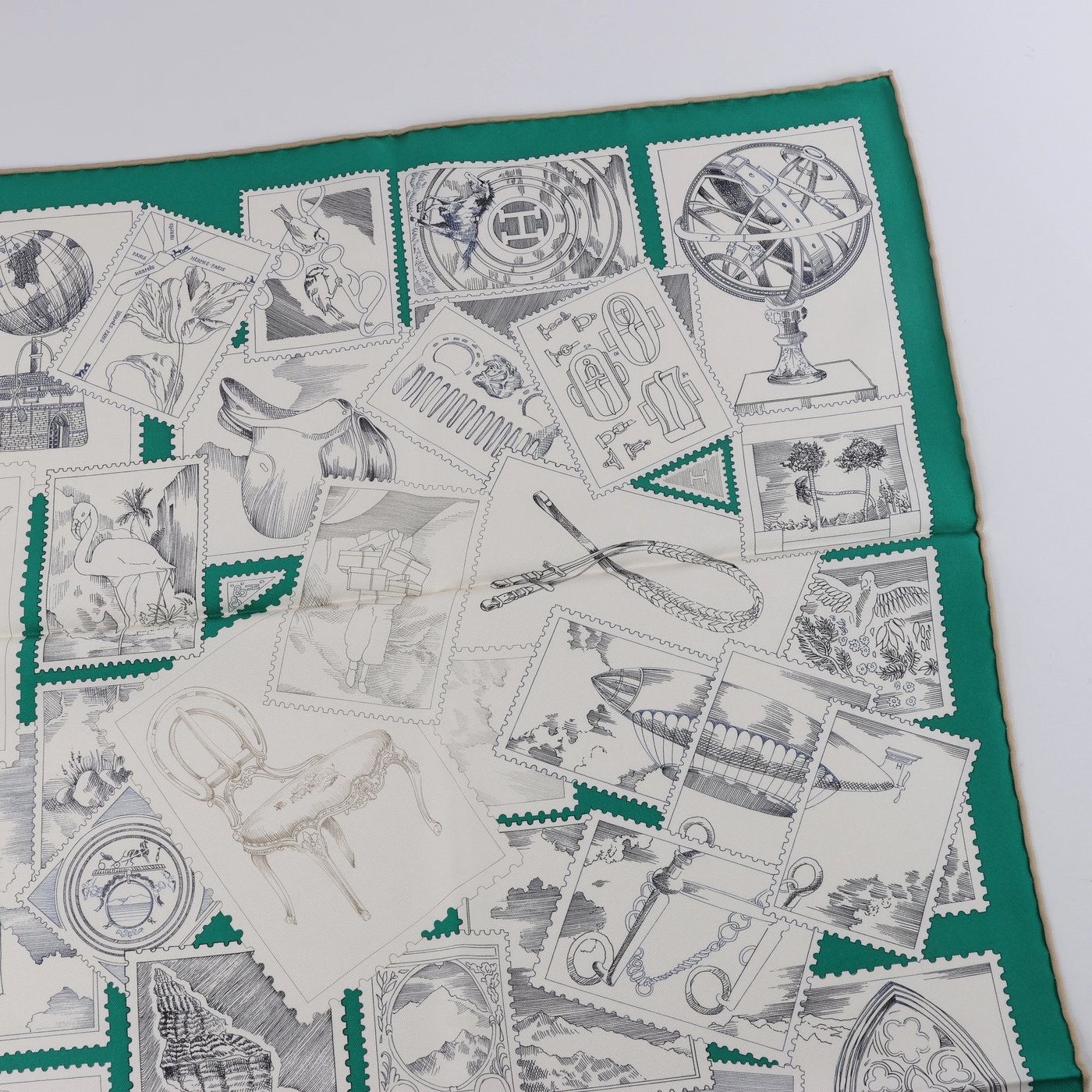 Hermès Carré 90 "LE PHILATELISTE DU FAUBOURG" Silk handkerchief in Green