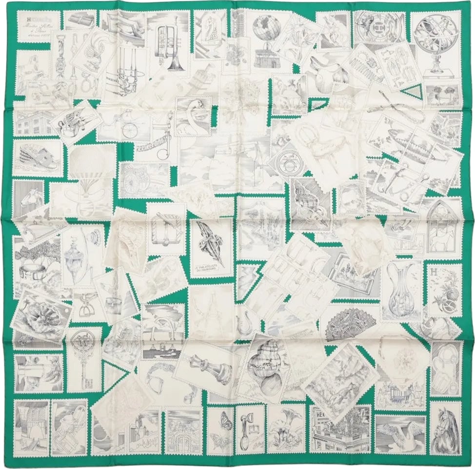 Hermès Carré 90 "LE PHILATELISTE DU FAUBOURG" Silk handkerchief in Green