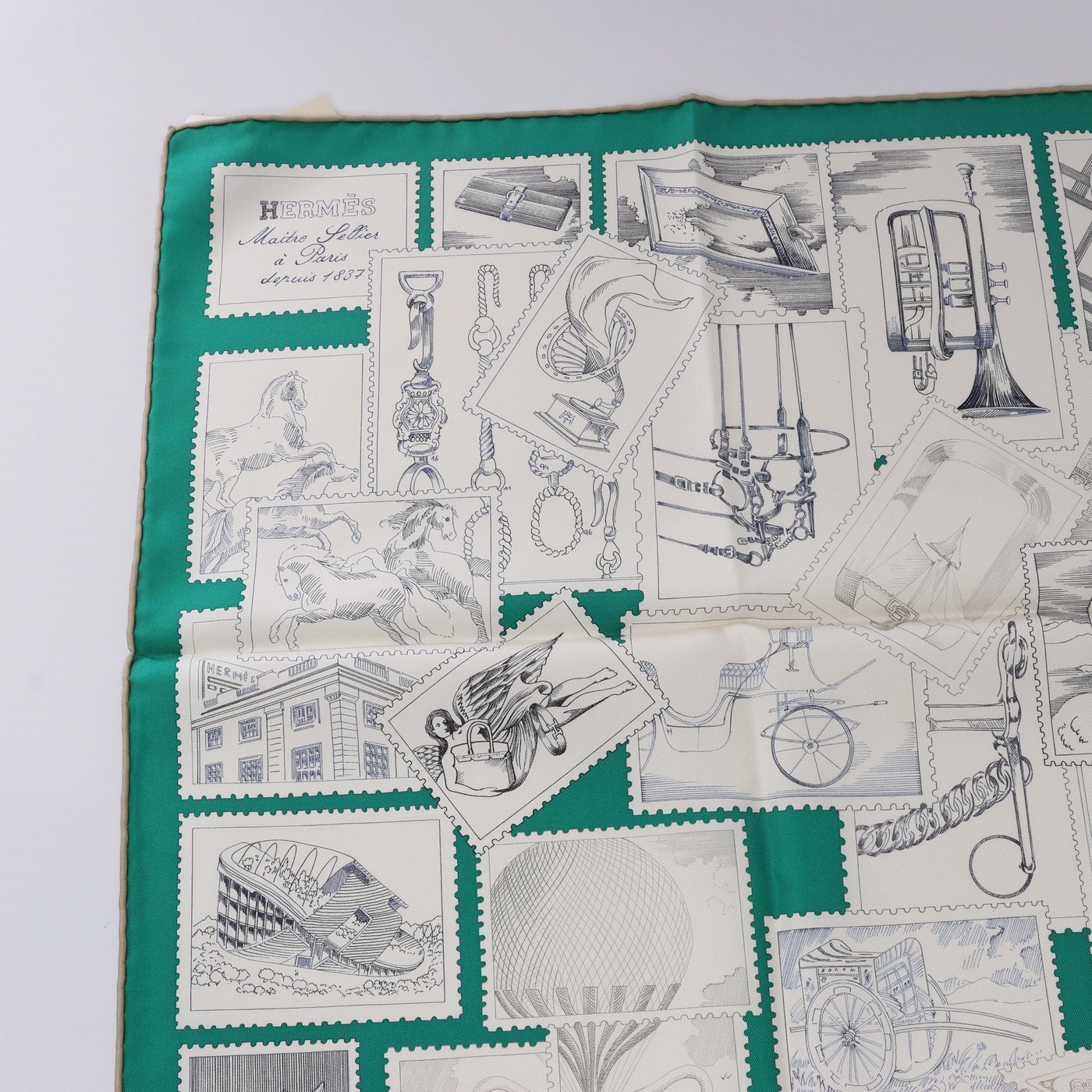 Hermès Carré 90 "LE PHILATELISTE DU FAUBOURG" Silk handkerchief in Green