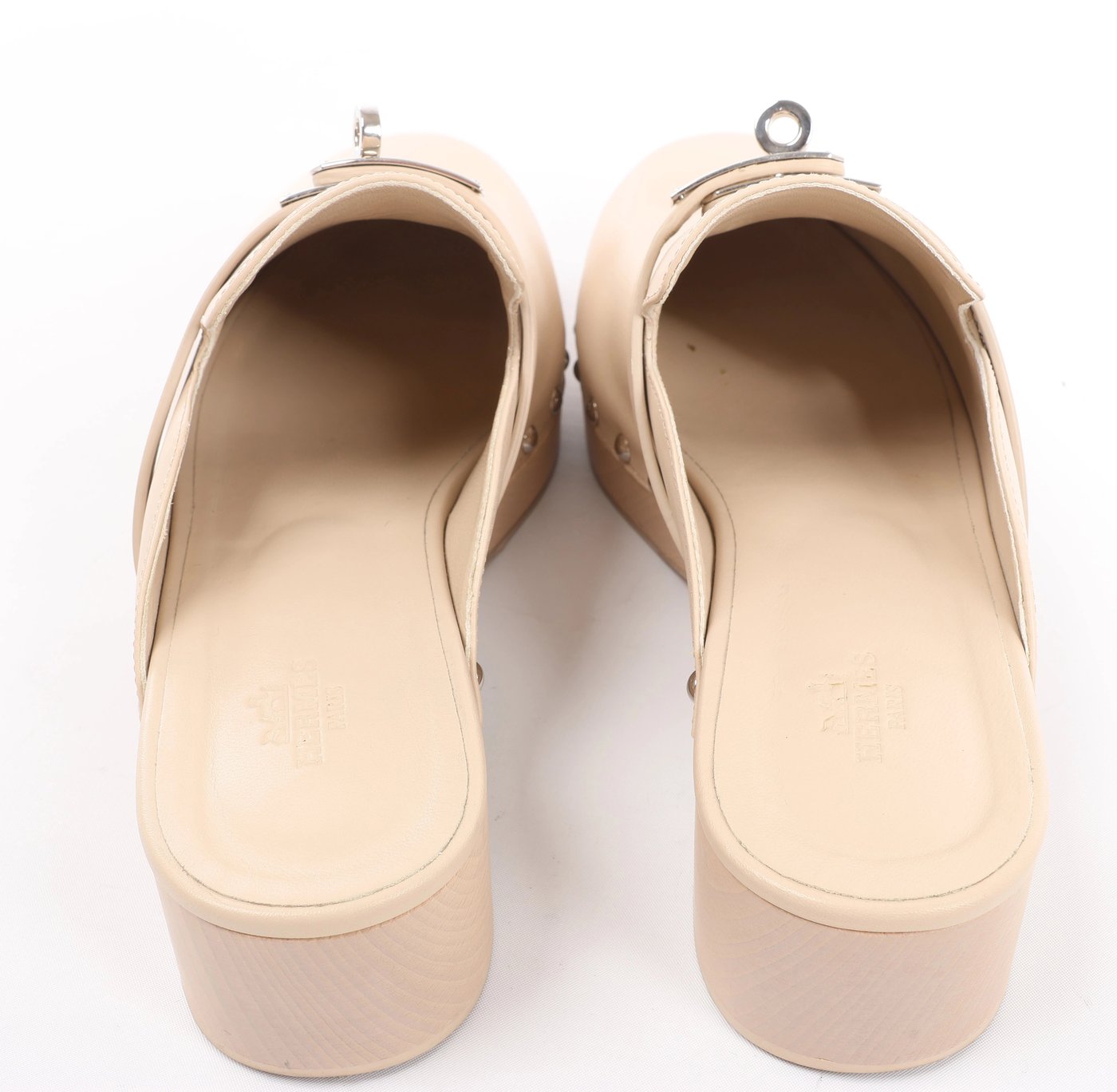 Hermès Kalya Leather Mule 38 Ladies' Beige Kelly Metal Fittings Studs Sapo with bag