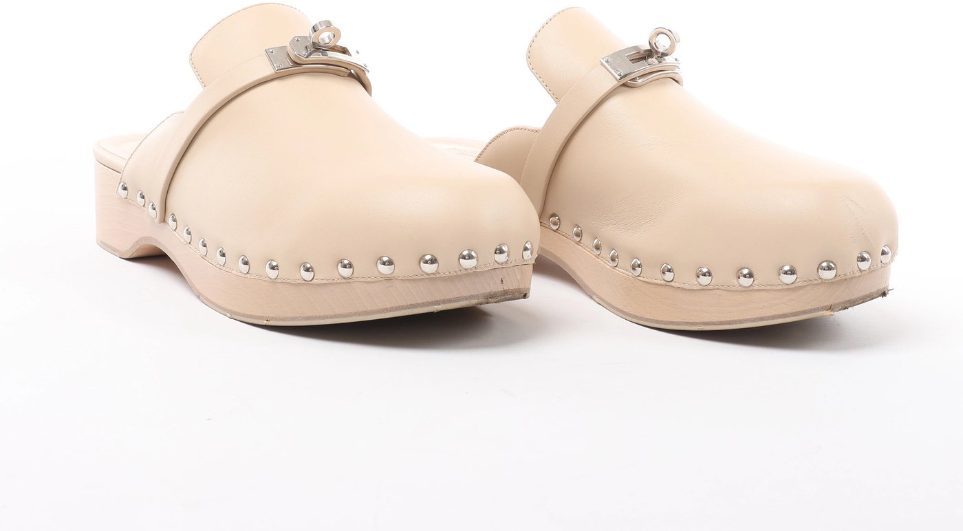 Hermès Kalya Leather Mule 38 Ladies' Beige Kelly Metal Fittings Studs Sapo with bag
