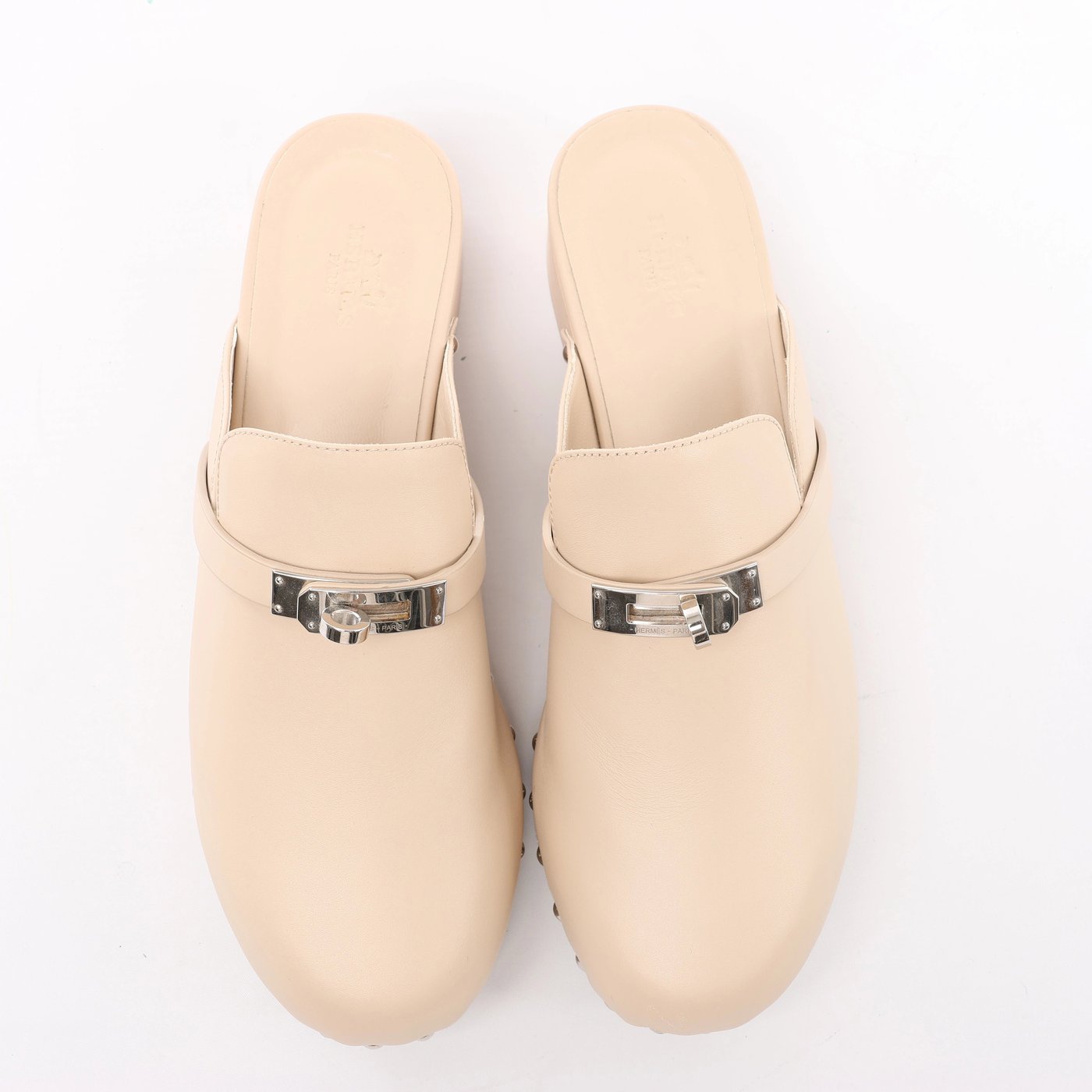 Hermès Kalya Leather Mule 38 Ladies' Beige Kelly Metal Fittings Studs Sapo with bag