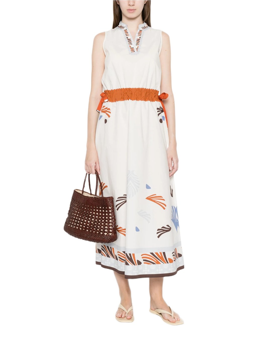 Patterned Trim Rust Waistband Dress