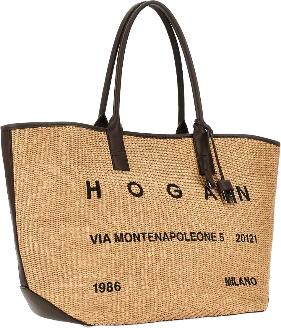 Beige Address Shopping Media Raffia Shopping Bag