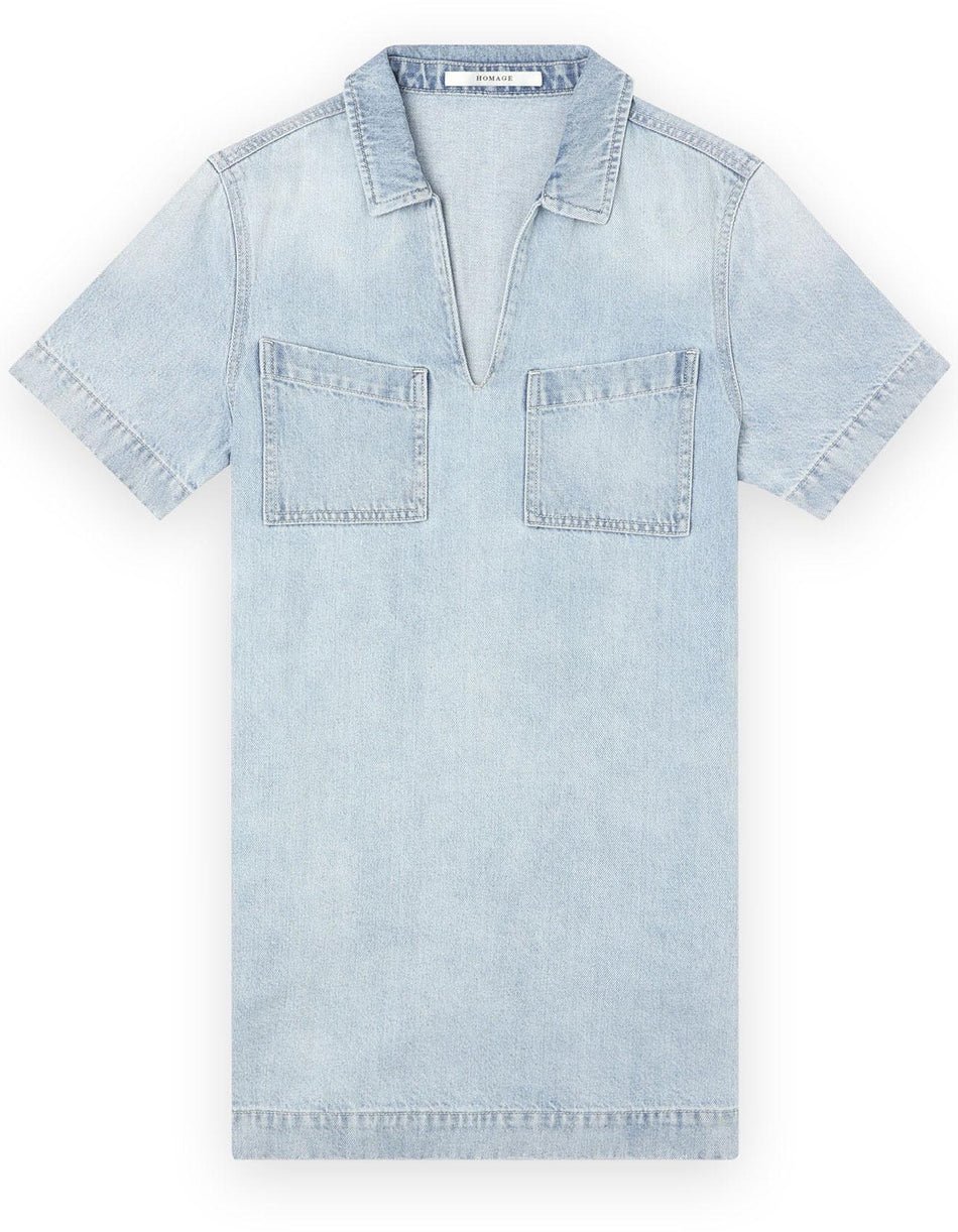 denim shirt dress with v neck blue