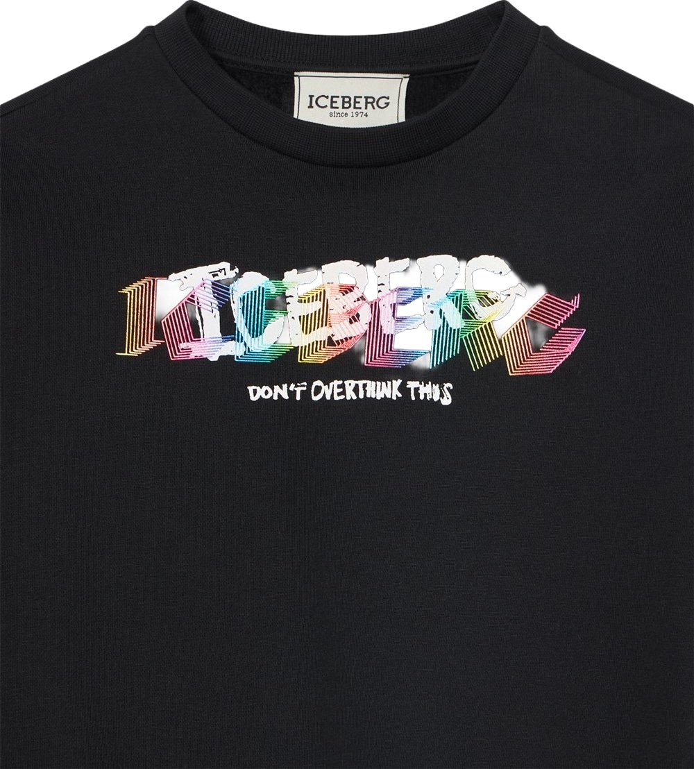 Boys' black crew-neck sweatshirt with multicolour logo