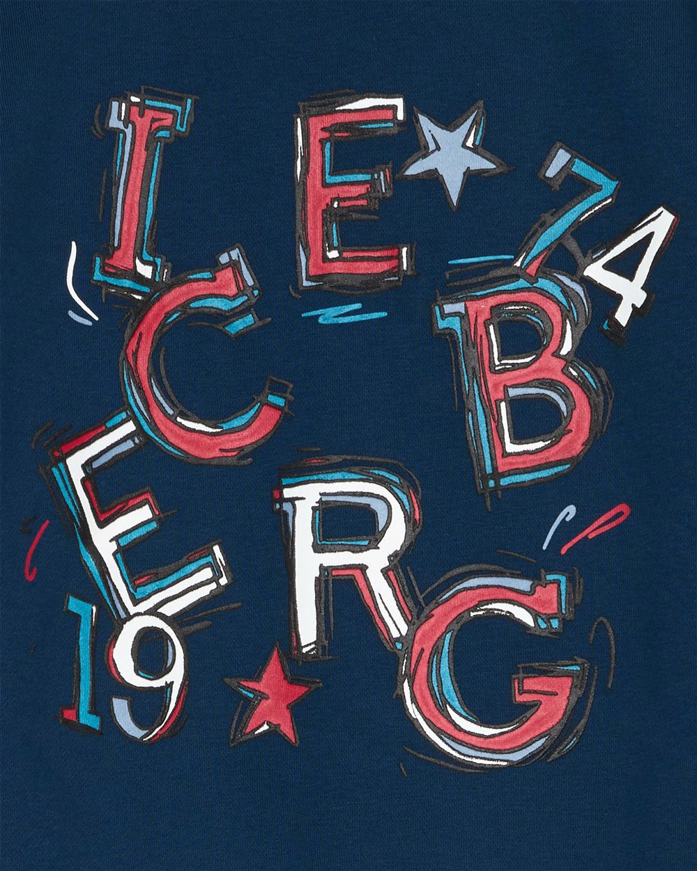 Boys' navy blue crew-neck sweatshirt with Iceberg 1974 graphic