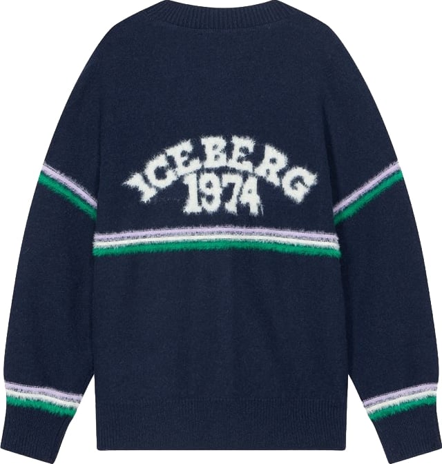 Girls' navy blue knitted cardigan with varsity graphics