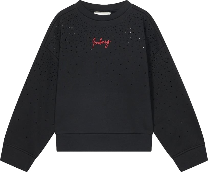 Girls' black crew-neck sweatshirt with micro embellishments