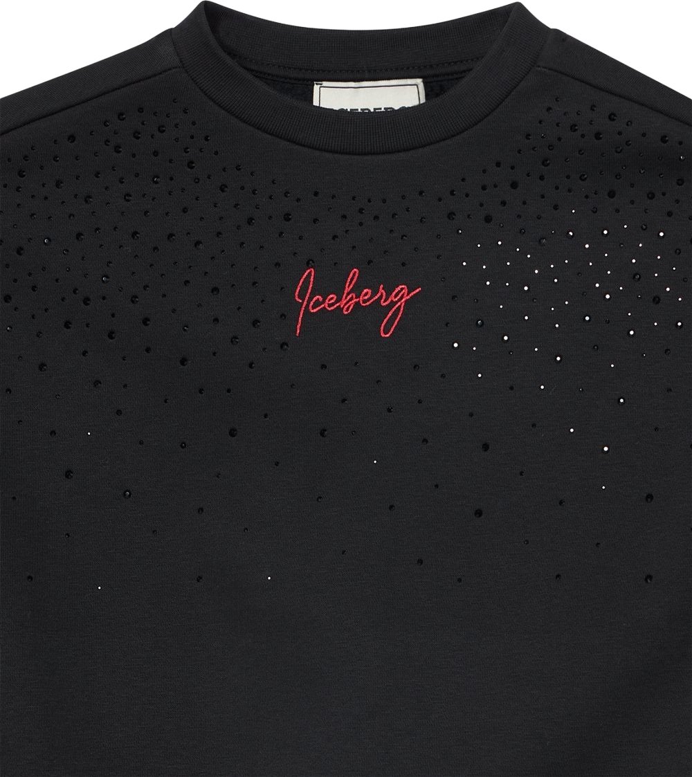 Girls' black crew-neck sweatshirt with micro embellishments