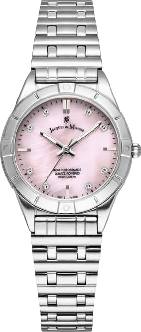 Jacques du Manoir Horloge JWL05902 Leonie Staal Quartz Swiss Made met Roze MOP Wijzerplaat 28mm