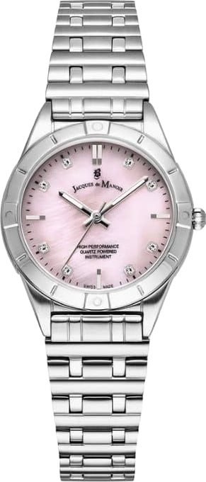 Jacques du Manoir Horloge JWL05902 Leonie Staal Quartz Swiss Made met Roze MOP Wijzerplaat 28mm