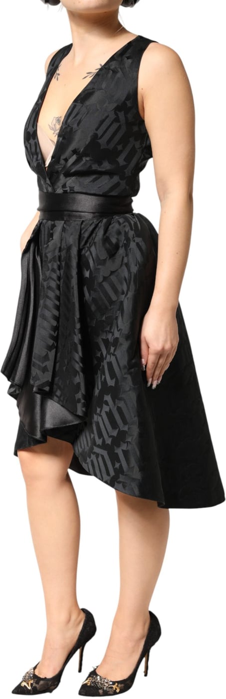 John Richmond Black Jacquard Deep V-neck Sleeveless 2 Pc Dress