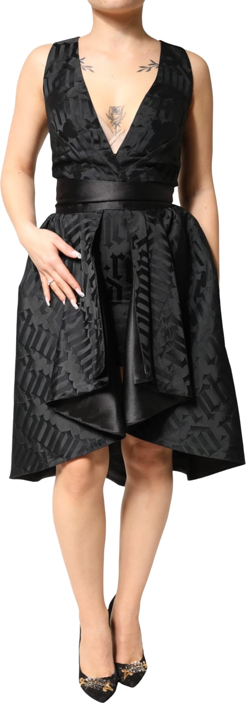 John Richmond Black Jacquard Deep V-neck Sleeveless 2 Pc Dress
