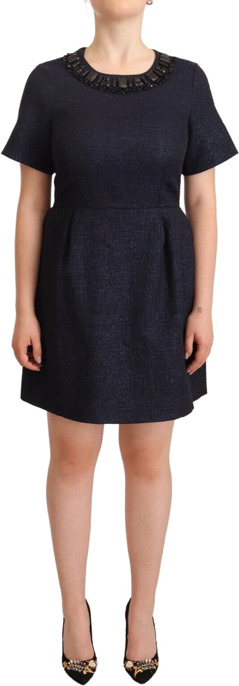 L'Autre Chose Black Embellished Short Sleeves Mini A-line Dress