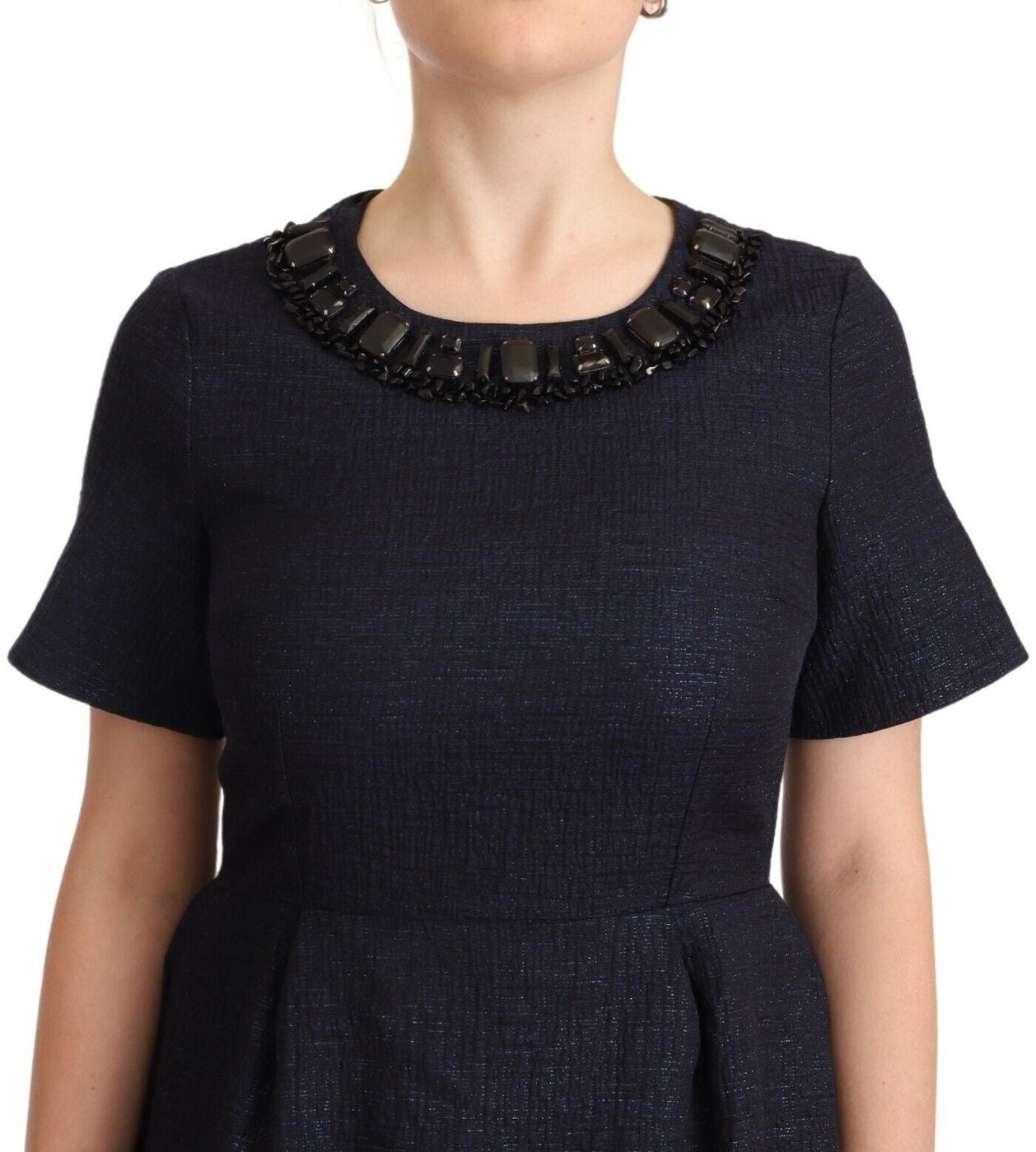 L'Autre Chose Black Embellished Short Sleeves Mini A-line Dress