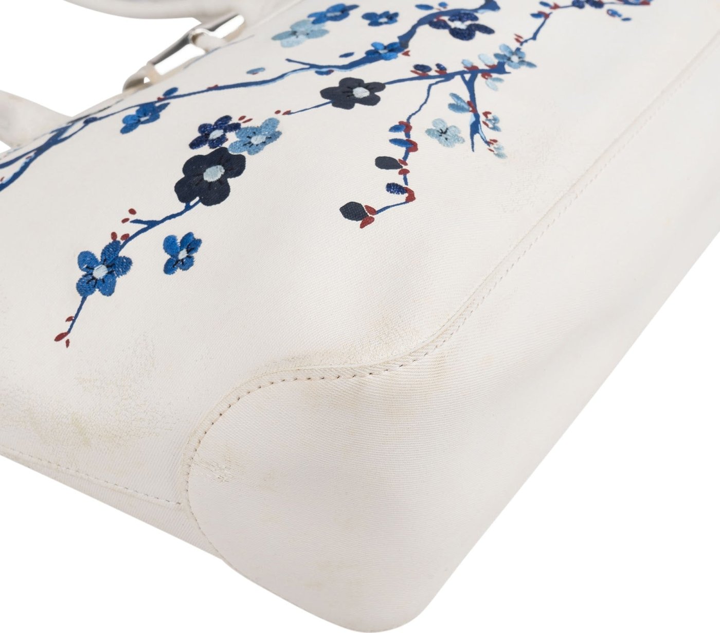 Longchamp White Canvas Blue Embroidered Roseau Sakura Shoulder Bag
