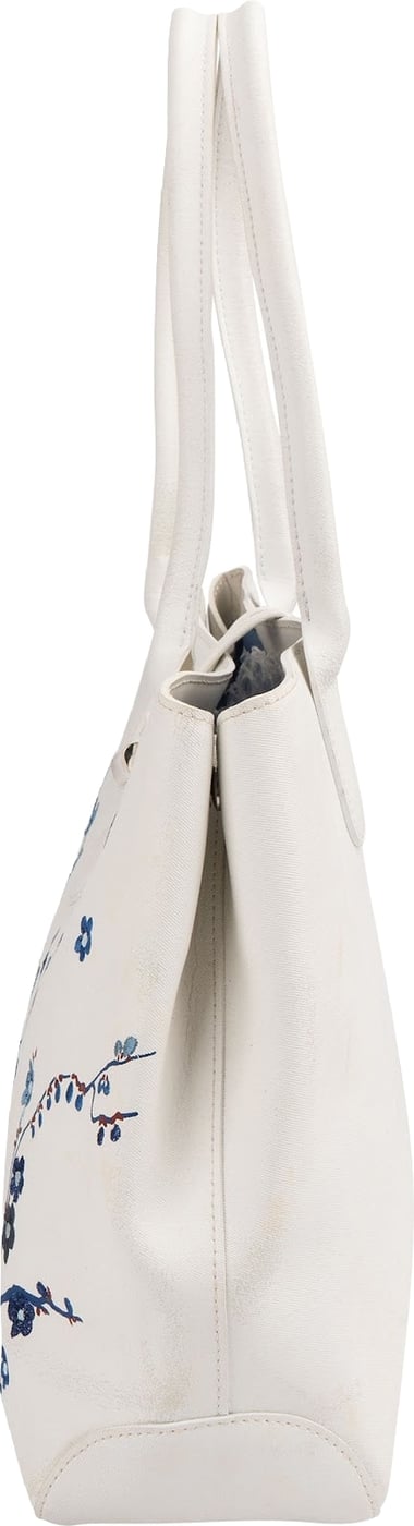 Longchamp White Canvas Blue Embroidered Roseau Sakura Shoulder Bag