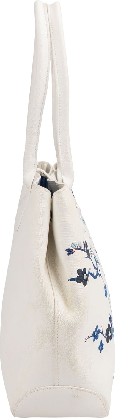 Longchamp White Canvas Blue Embroidered Roseau Sakura Shoulder Bag