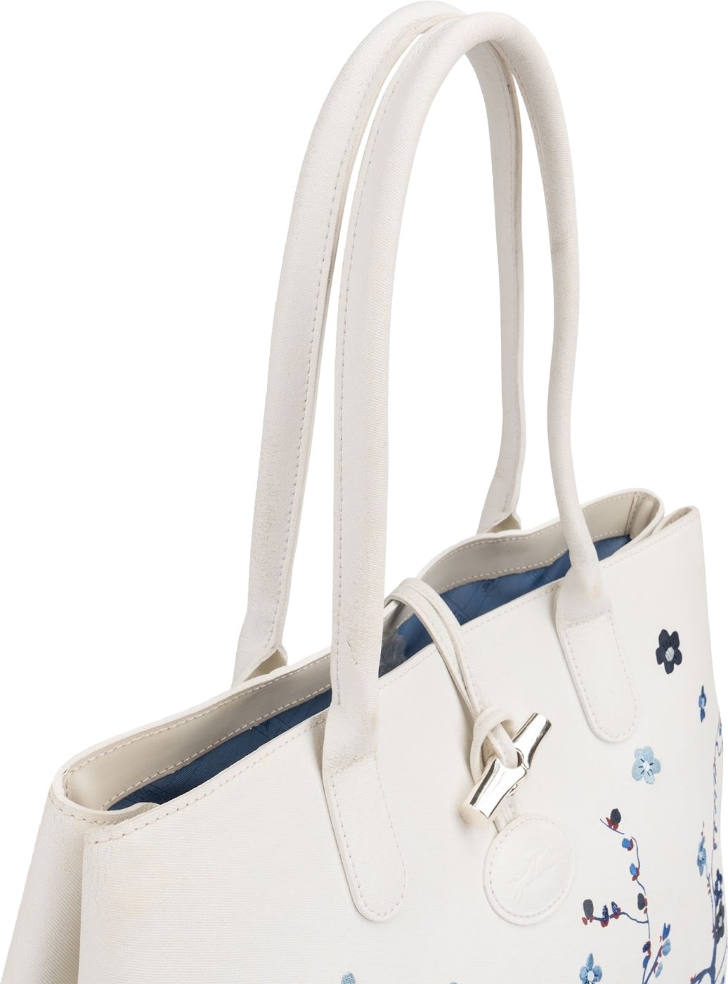 Longchamp White Canvas Blue Embroidered Roseau Sakura Shoulder Bag