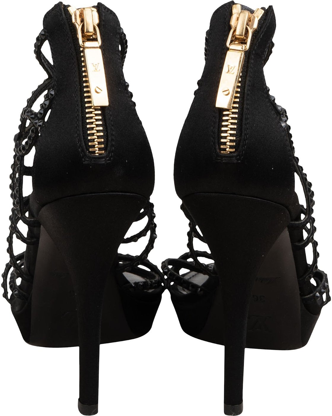 Louis Vuitton Black Leather & Satin Spicy Embellished Caged Sandals Heels (36)